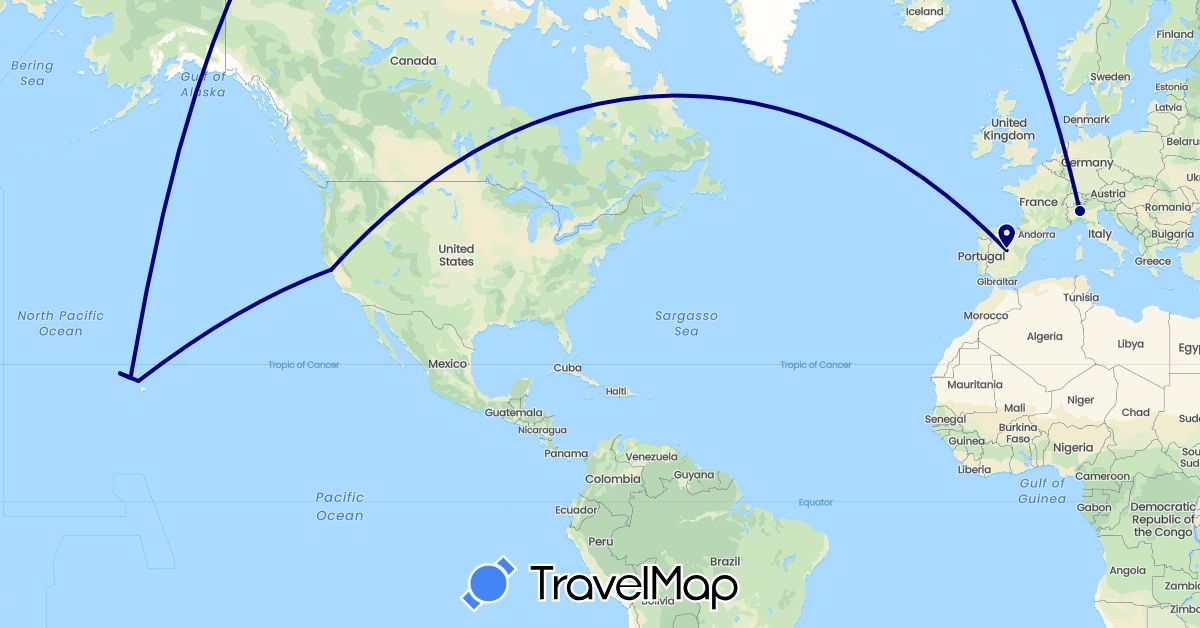 TravelMap itinerary: driving in Spain, Italy, United States (Europe, North America)